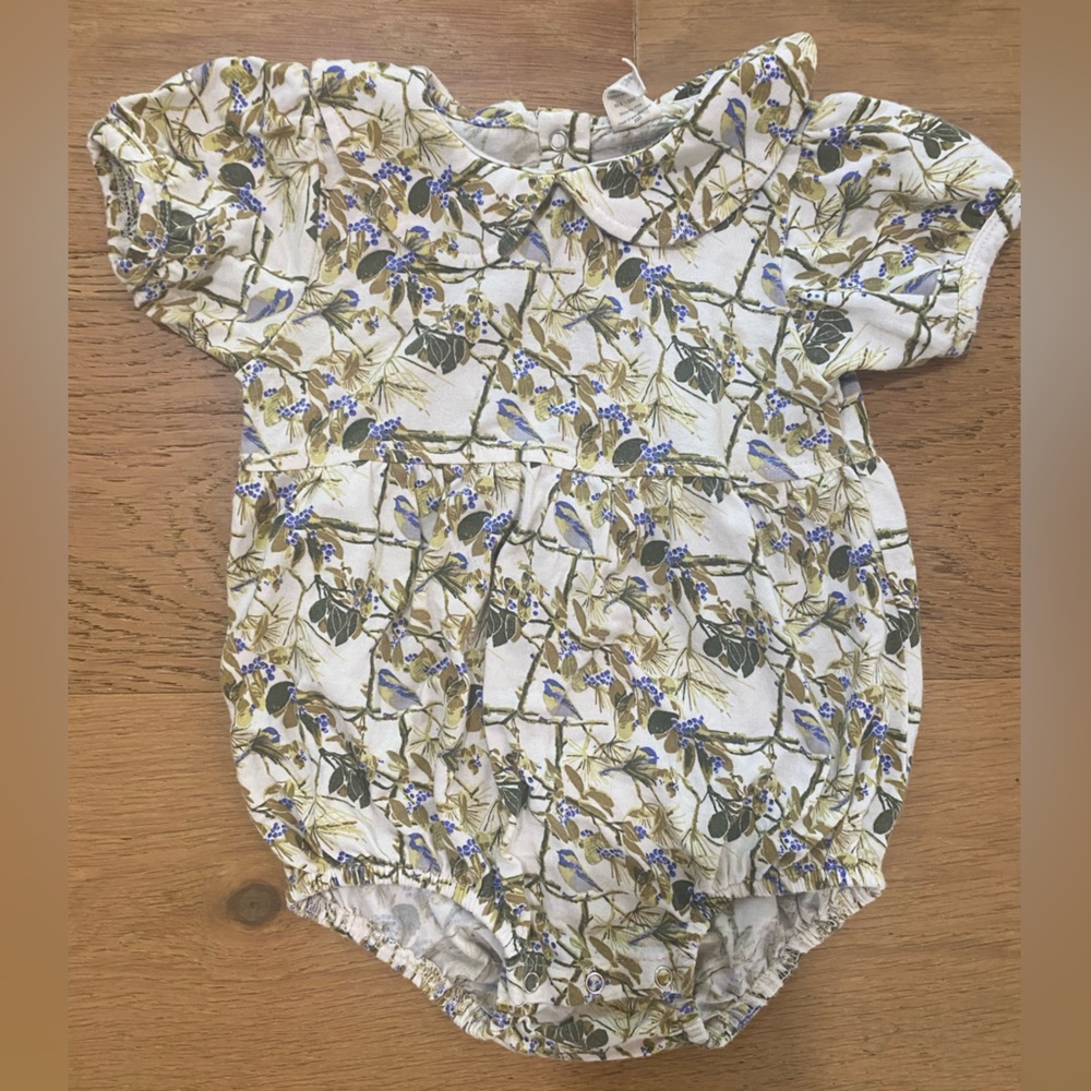 Kate Quinn viscose bird baby girl bubble with Peter Pan collar 12-18m VGUC